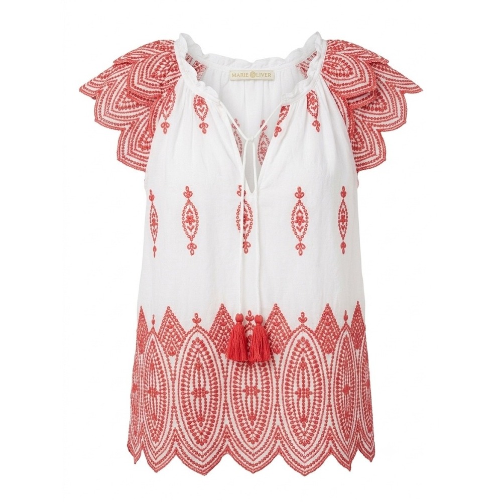Marie Oliver Embroidered Flutter Sleeve Boho Blouse White Red Tassel Top XS